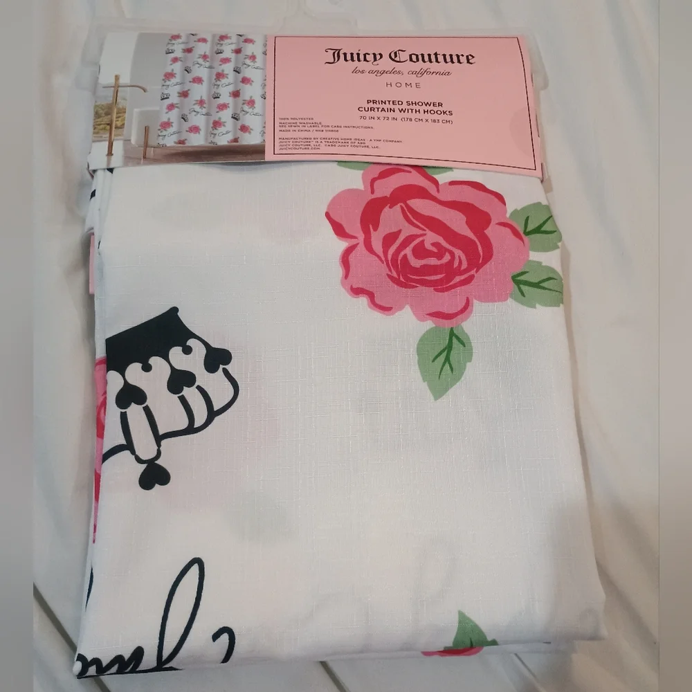 New Elegant Juicy Couture Floral & Cursive Spell Out Shower Curtain Size 70x72